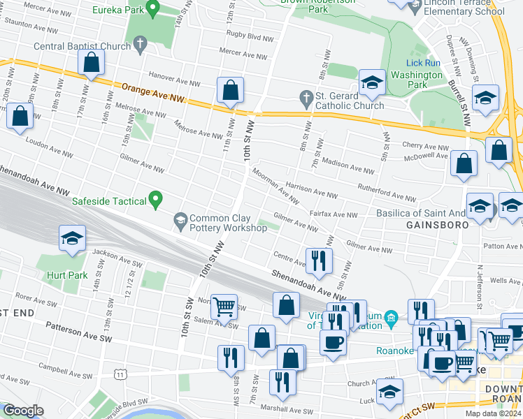 map of restaurants, bars, coffee shops, grocery stores, and more near 899 Gilmer Avenue Northwest in Roanoke