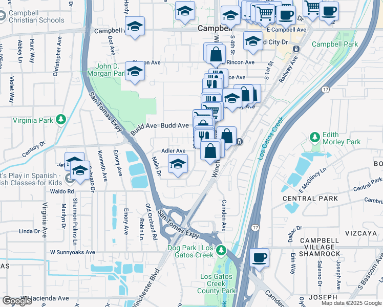map of restaurants, bars, coffee shops, grocery stores, and more near 118 Wilton Drive in Campbell