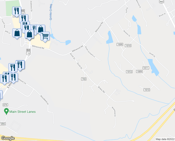 map of restaurants, bars, coffee shops, grocery stores, and more near 1548 Milnwood Village Lane in Farmville