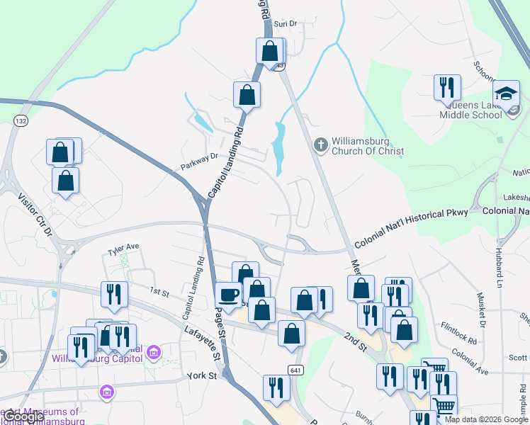 map of restaurants, bars, coffee shops, grocery stores, and more near 120 Wax Myrtle Drive in Williamsburg