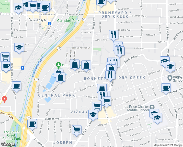 map of restaurants, bars, coffee shops, grocery stores, and more near 565 Union Avenue in Campbell