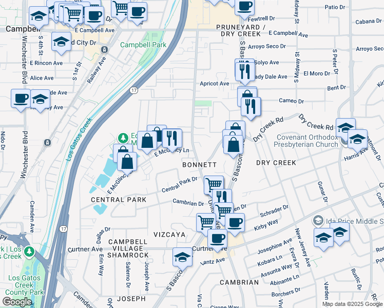 map of restaurants, bars, coffee shops, grocery stores, and more near 565 Union Avenue in Campbell