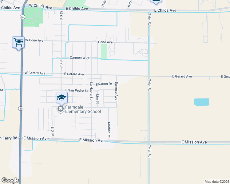 map of restaurants, bars, coffee shops, grocery stores, and more near 492 East San Pedro Street in Merced