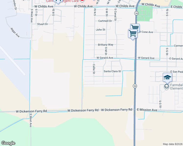 map of restaurants, bars, coffee shops, grocery stores, and more near South N Street in Merced