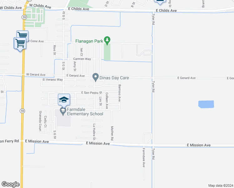 map of restaurants, bars, coffee shops, grocery stores, and more near 486 East San Pedro Street in Merced