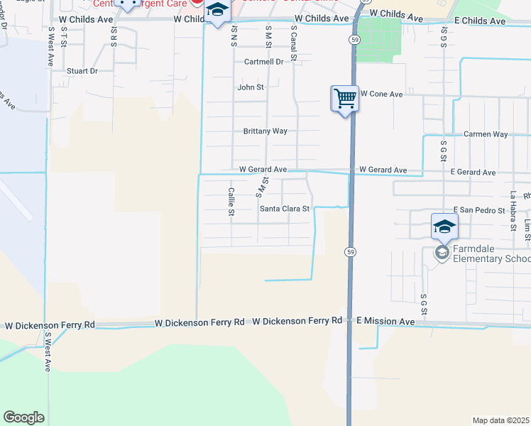 map of restaurants, bars, coffee shops, grocery stores, and more near 584 Santa Clara Street in Merced