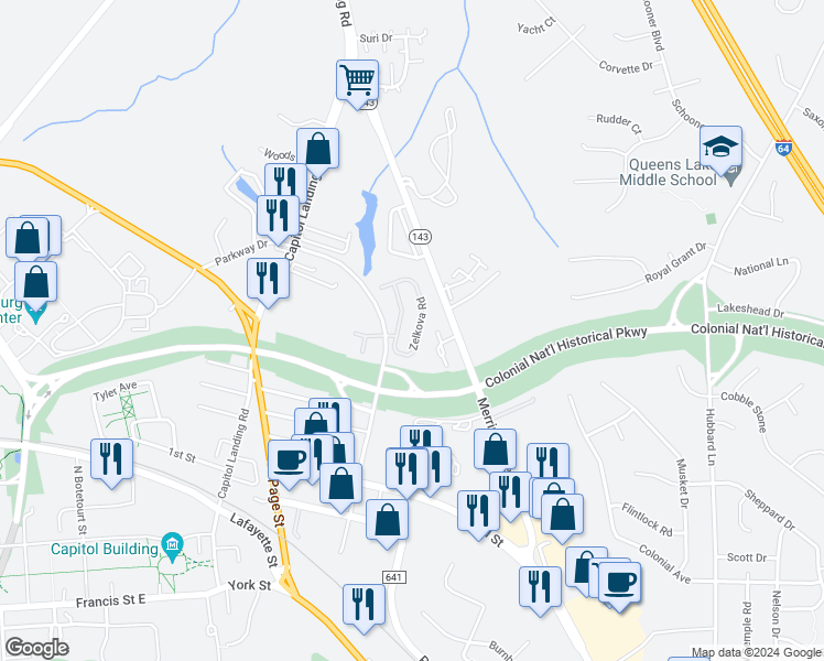 map of restaurants, bars, coffee shops, grocery stores, and more near 225 Zelkova Road in Williamsburg