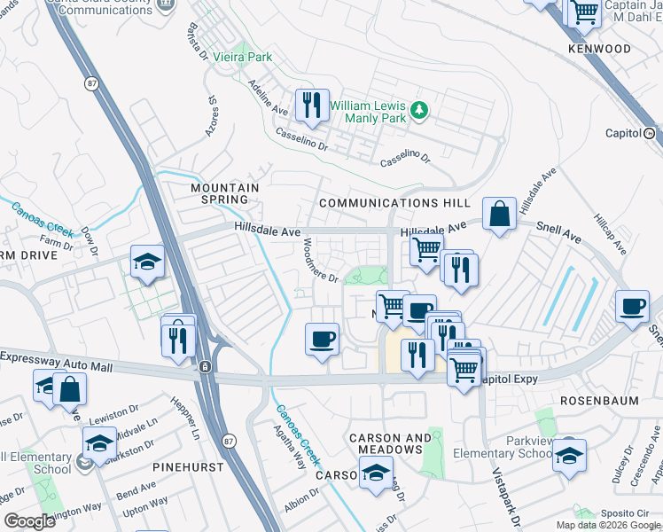 map of restaurants, bars, coffee shops, grocery stores, and more near 343 Alana Drive in San Jose