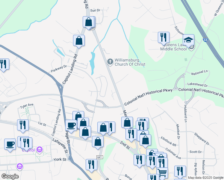 map of restaurants, bars, coffee shops, grocery stores, and more near 376 Merrimac Trail in Williamsburg
