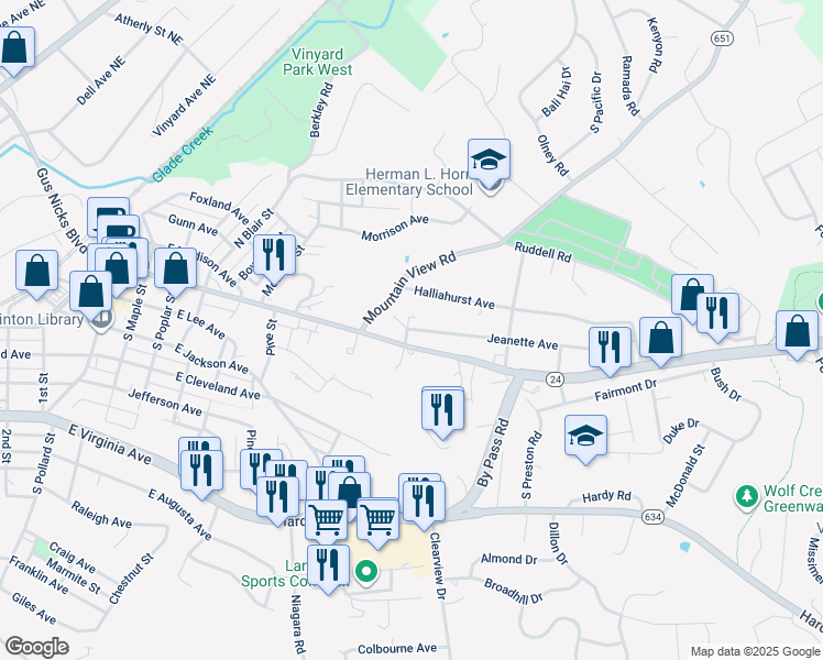 map of restaurants, bars, coffee shops, grocery stores, and more near 102 Mitchell Road in Vinton