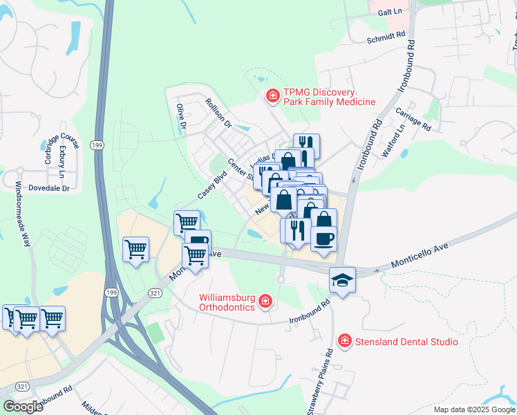 map of restaurants, bars, coffee shops, grocery stores, and more near 4217 New Town Avenue in Williamsburg