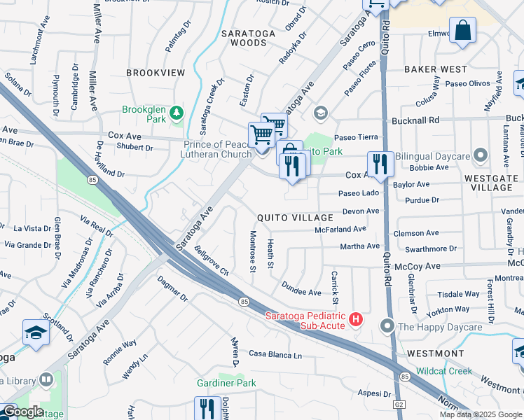 map of restaurants, bars, coffee shops, grocery stores, and more near 12950 Saratoga Avenue in Saratoga