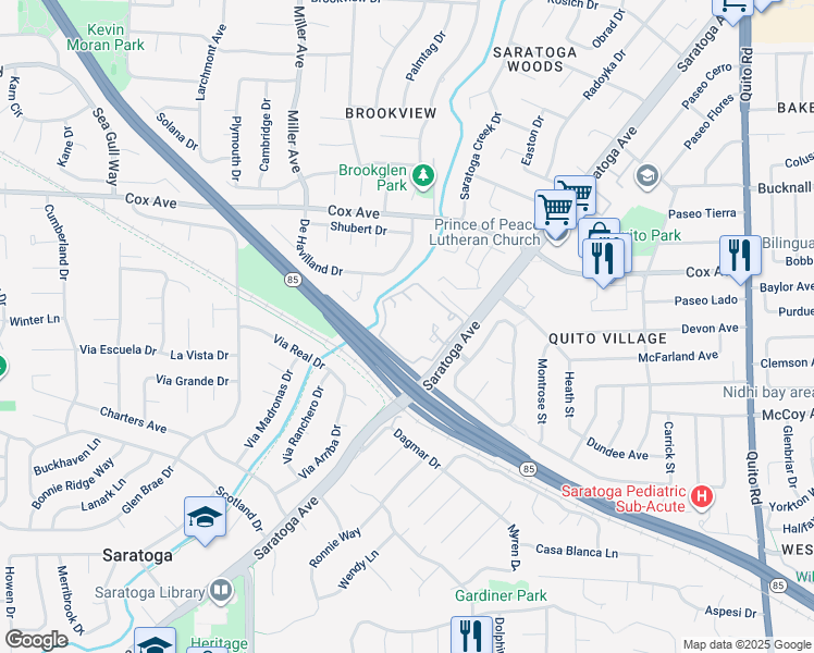 map of restaurants, bars, coffee shops, grocery stores, and more near 19423 Vineyard Lane in Saratoga