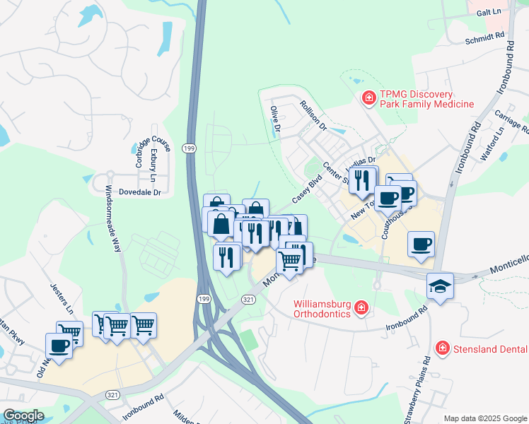 map of restaurants, bars, coffee shops, grocery stores, and more near 4971 Trailside in Williamsburg