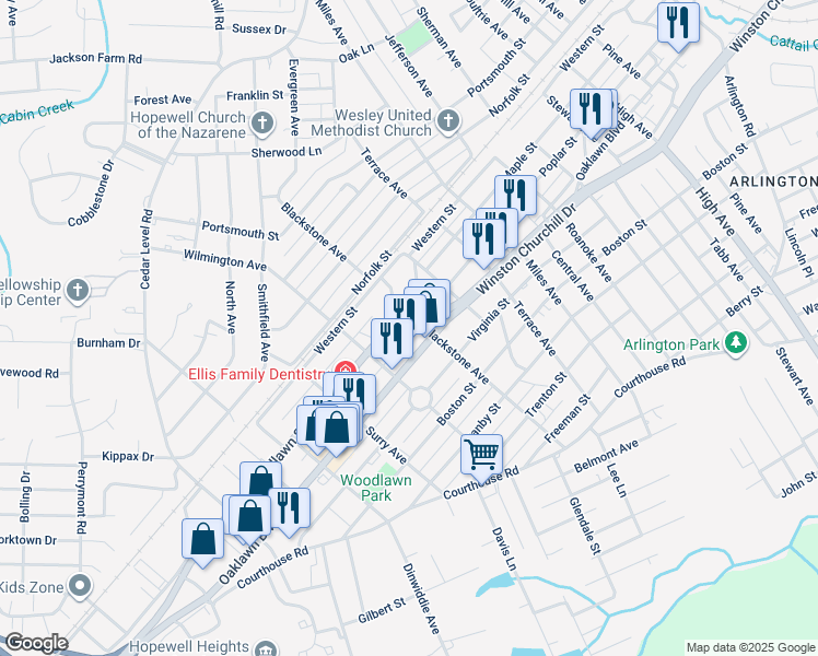 map of restaurants, bars, coffee shops, grocery stores, and more near 3300 Woodlawn Street in Hopewell