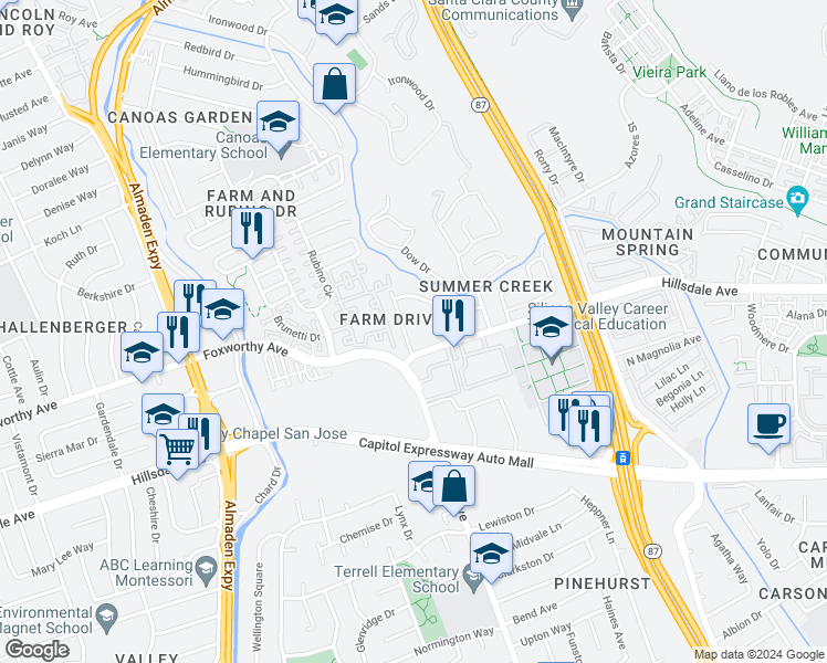 map of restaurants, bars, coffee shops, grocery stores, and more near 3075 Pearl Avenue in San Jose