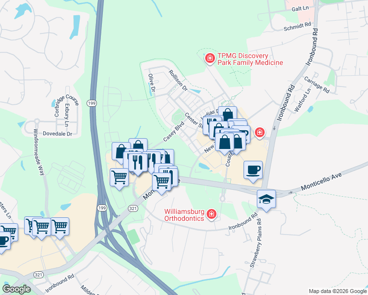 map of restaurants, bars, coffee shops, grocery stores, and more near 4127 New Town Avenue in Williamsburg