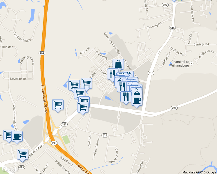 map of restaurants, bars, coffee shops, grocery stores, and more near 4215 New Town Avenue in Williamsburg