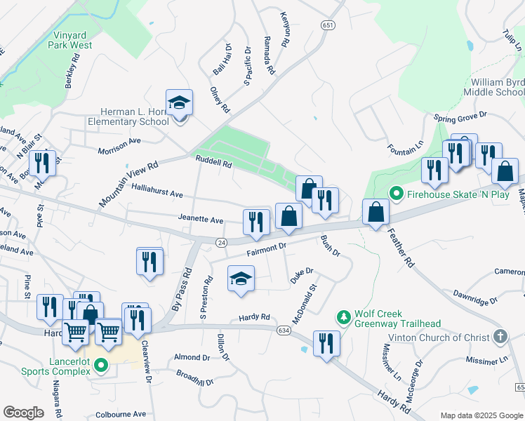 map of restaurants, bars, coffee shops, grocery stores, and more near 1147 Halliahurst Avenue in Vinton