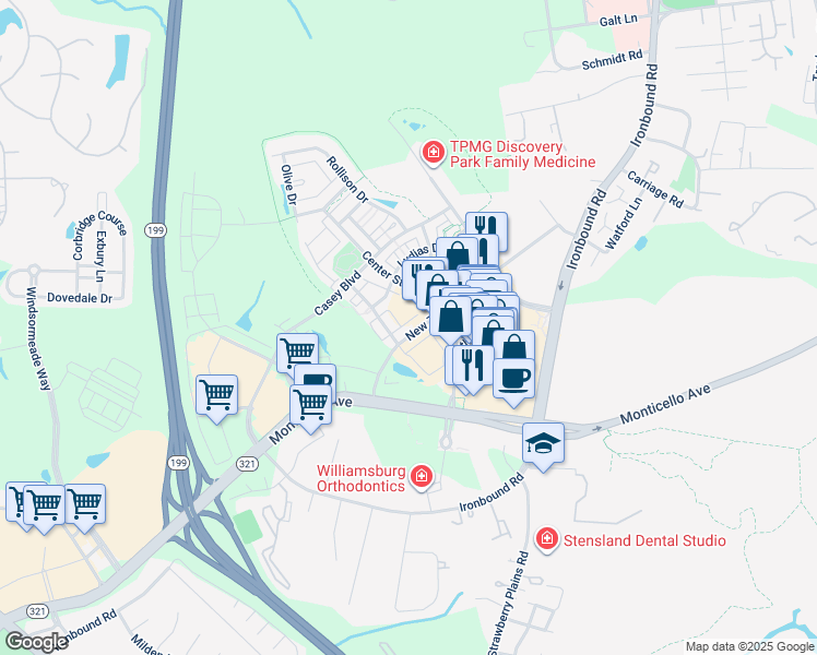 map of restaurants, bars, coffee shops, grocery stores, and more near 4215 New Town Avenue in Williamsburg