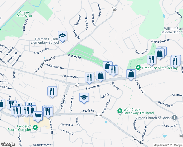 map of restaurants, bars, coffee shops, grocery stores, and more near 1147 Halliahurst Avenue in Vinton