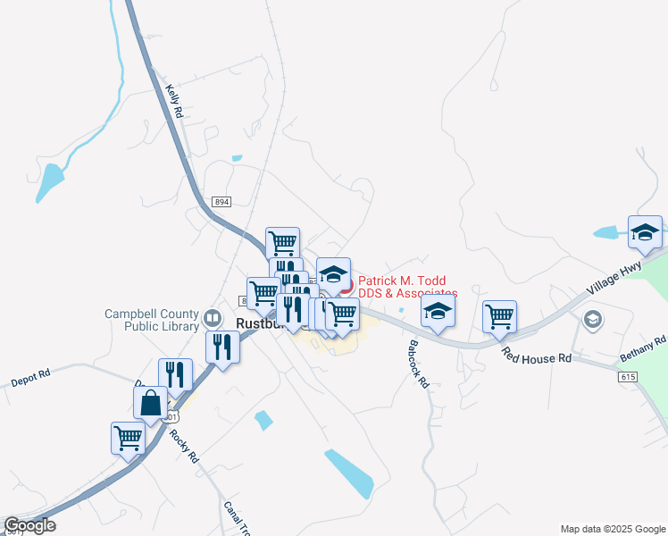 map of restaurants, bars, coffee shops, grocery stores, and more near 13 Rosser Street in Rustburg