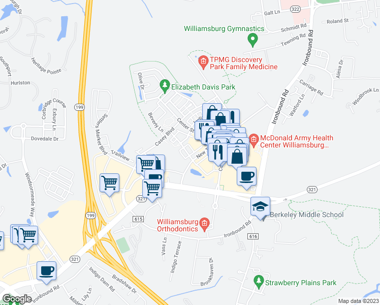 map of restaurants, bars, coffee shops, grocery stores, and more near 4602 Town Creek Drive in Williamsburg