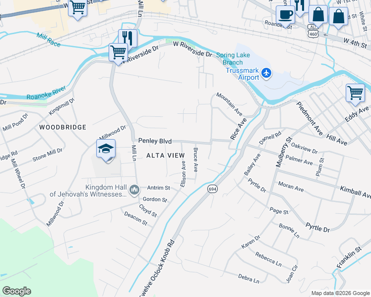 map of restaurants, bars, coffee shops, grocery stores, and more near 1317 Penley Boulevard in Salem