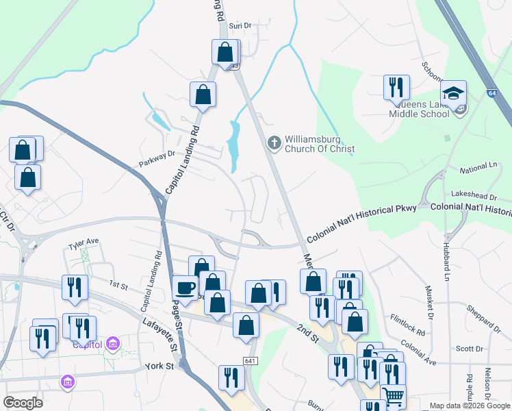 map of restaurants, bars, coffee shops, grocery stores, and more near 424 Zelkova Road in Williamsburg