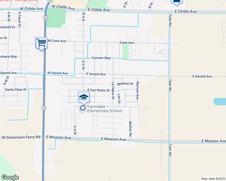 map of restaurants, bars, coffee shops, grocery stores, and more near East San Pedro Street in Merced