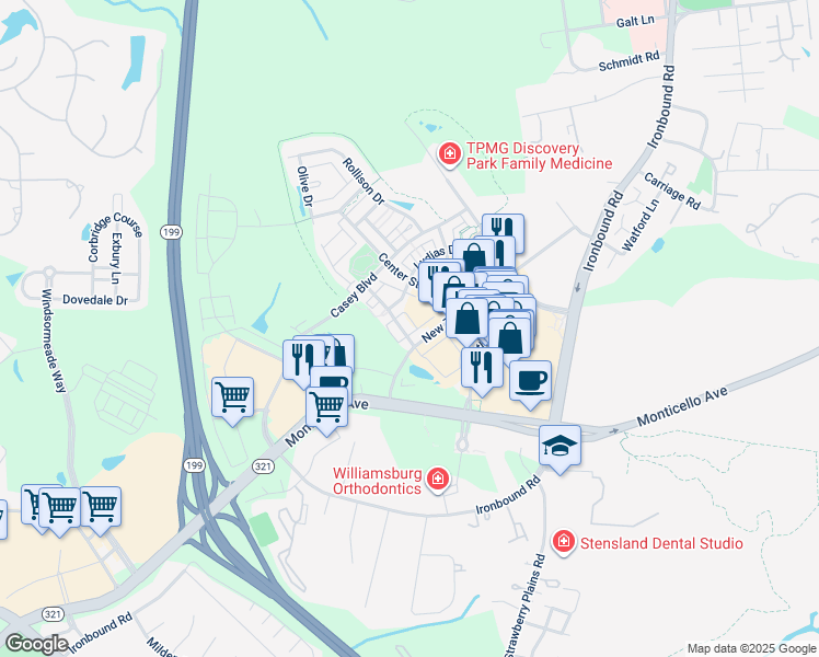 map of restaurants, bars, coffee shops, grocery stores, and more near 4602 Town Creek Drive in Williamsburg