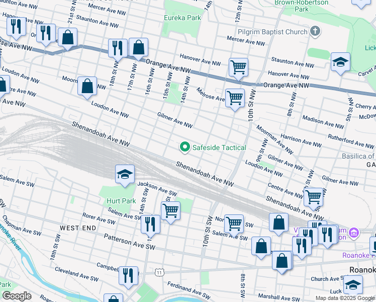 map of restaurants, bars, coffee shops, grocery stores, and more near 1227 Centre Avenue Northwest in Roanoke