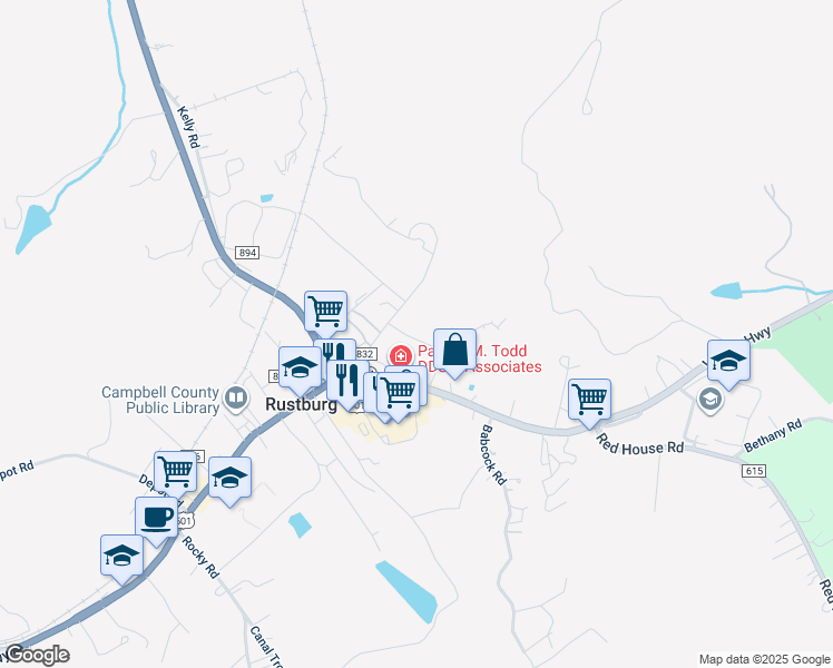 map of restaurants, bars, coffee shops, grocery stores, and more near 64 Rosser Street in Rustburg