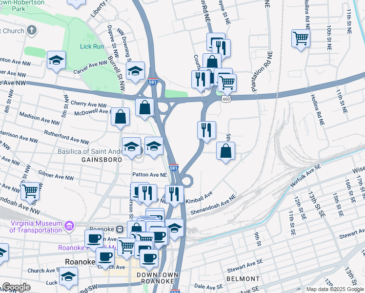 map of restaurants, bars, coffee shops, grocery stores, and more near 710 Williamson Road Northeast in Roanoke