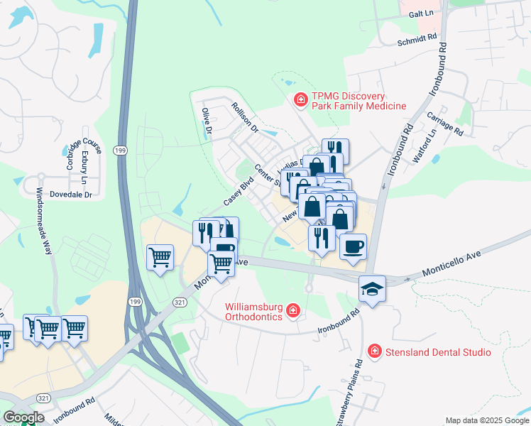 map of restaurants, bars, coffee shops, grocery stores, and more near 4609 Town Creek Drive in Williamsburg