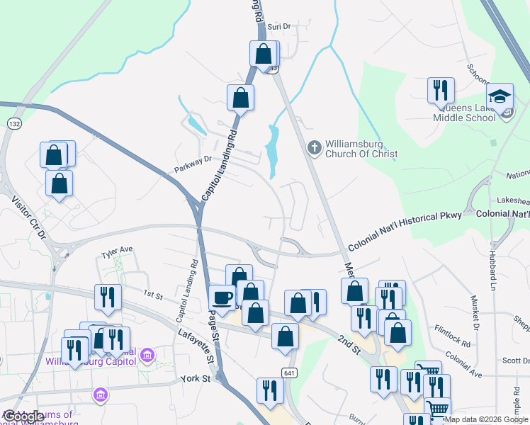 map of restaurants, bars, coffee shops, grocery stores, and more near 120 Wax Myrtle Drive in Williamsburg
