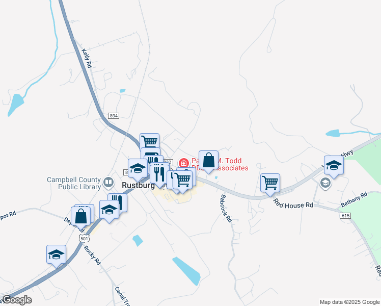 map of restaurants, bars, coffee shops, grocery stores, and more near 64 Rosser Street in Rustburg