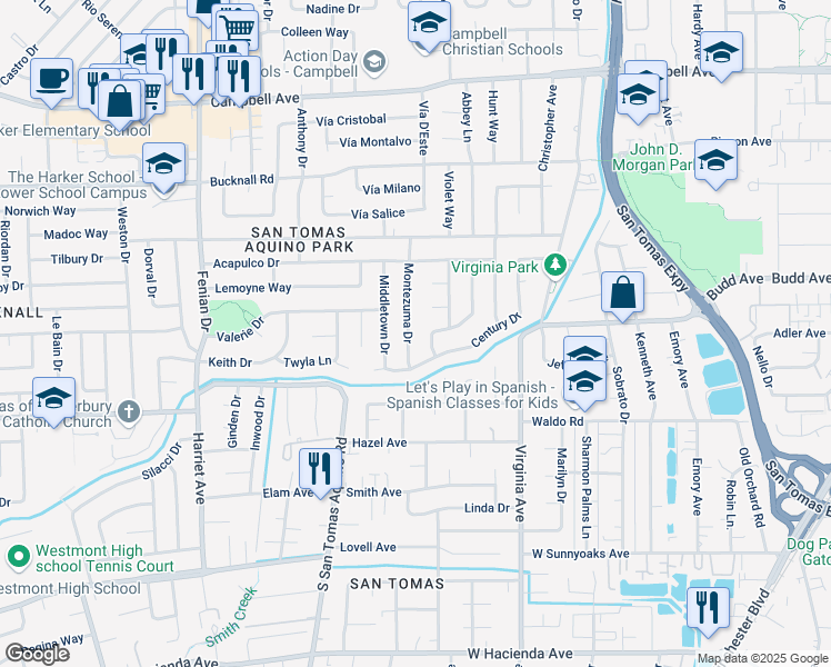 map of restaurants, bars, coffee shops, grocery stores, and more near 2310 Montezuma Drive in Campbell