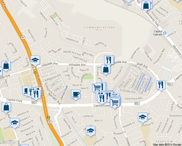 map of restaurants, bars, coffee shops, grocery stores, and more near 314 Araglin Court in San Jose
