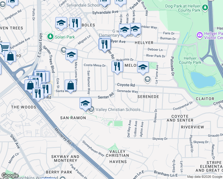 map of restaurants, bars, coffee shops, grocery stores, and more near 4331 Senter Road in San Jose