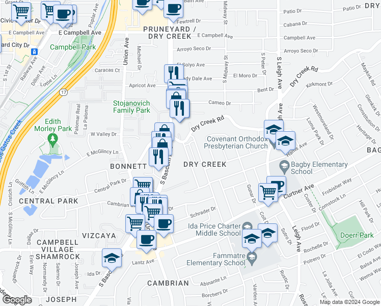 map of restaurants, bars, coffee shops, grocery stores, and more near 2305 Pauline Drive in San Jose