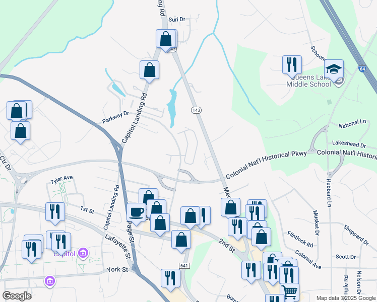 map of restaurants, bars, coffee shops, grocery stores, and more near 424 Zelkova Road in Williamsburg