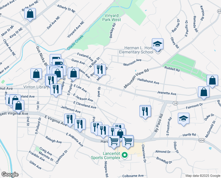 map of restaurants, bars, coffee shops, grocery stores, and more near 836 Washington Avenue in Vinton