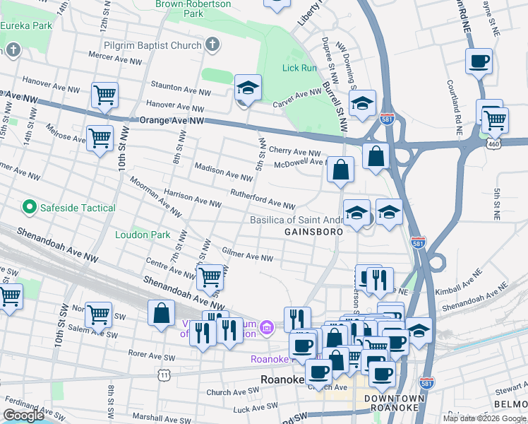 map of restaurants, bars, coffee shops, grocery stores, and more near in Roanoke