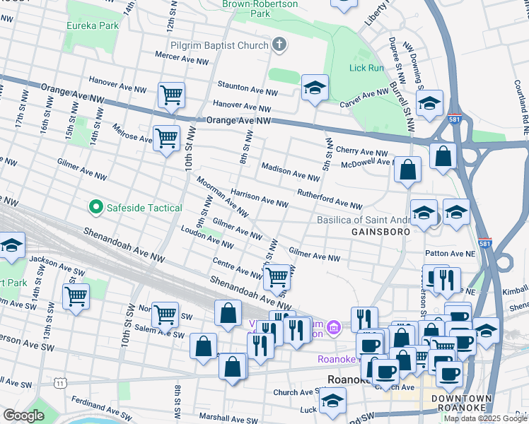 map of restaurants, bars, coffee shops, grocery stores, and more near 613 7th Street Northwest in Roanoke