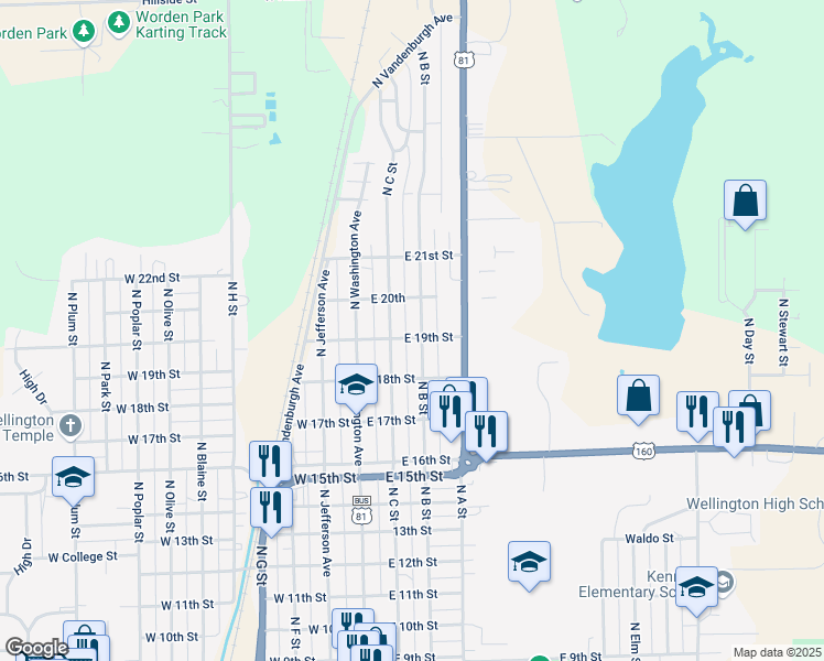 map of restaurants, bars, coffee shops, grocery stores, and more near 1410 North B Street in Wellington