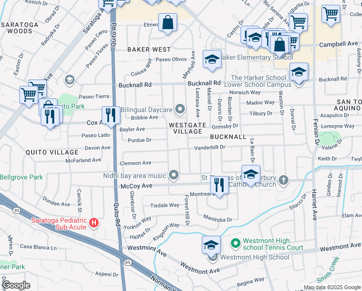 map of restaurants, bars, coffee shops, grocery stores, and more near 4989 Vanderbilt Drive in San Jose
