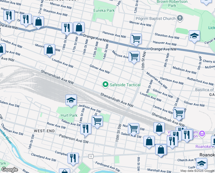 map of restaurants, bars, coffee shops, grocery stores, and more near 1227 Centre Avenue Northwest in Roanoke