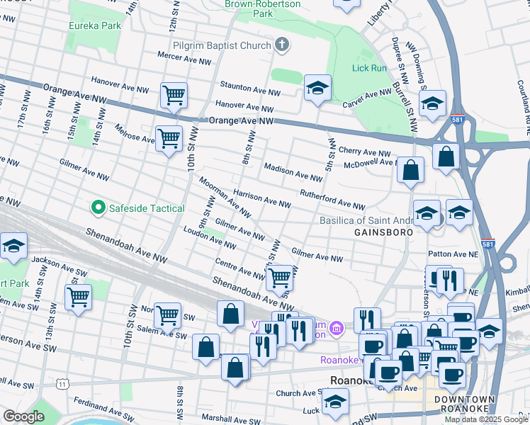 map of restaurants, bars, coffee shops, grocery stores, and more near 613 7th Street Northwest in Roanoke