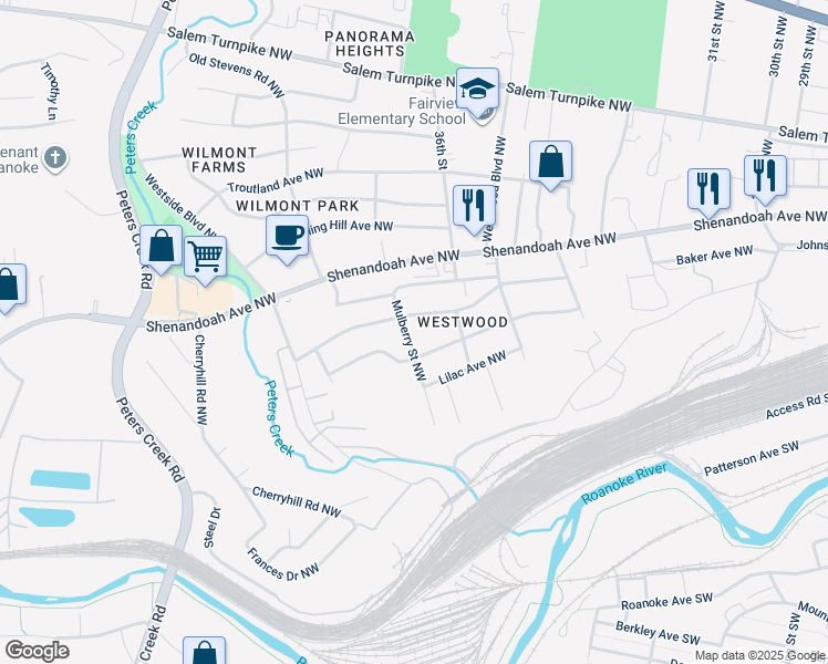 map of restaurants, bars, coffee shops, grocery stores, and more near 321 Mulberry Street Northwest in Roanoke